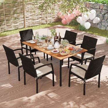 Costway Ensemble de Salle à Manger en Rotin pour Patio 7 Pcs Chaise Dessus de Table en Bois avec Trou pour Parasol