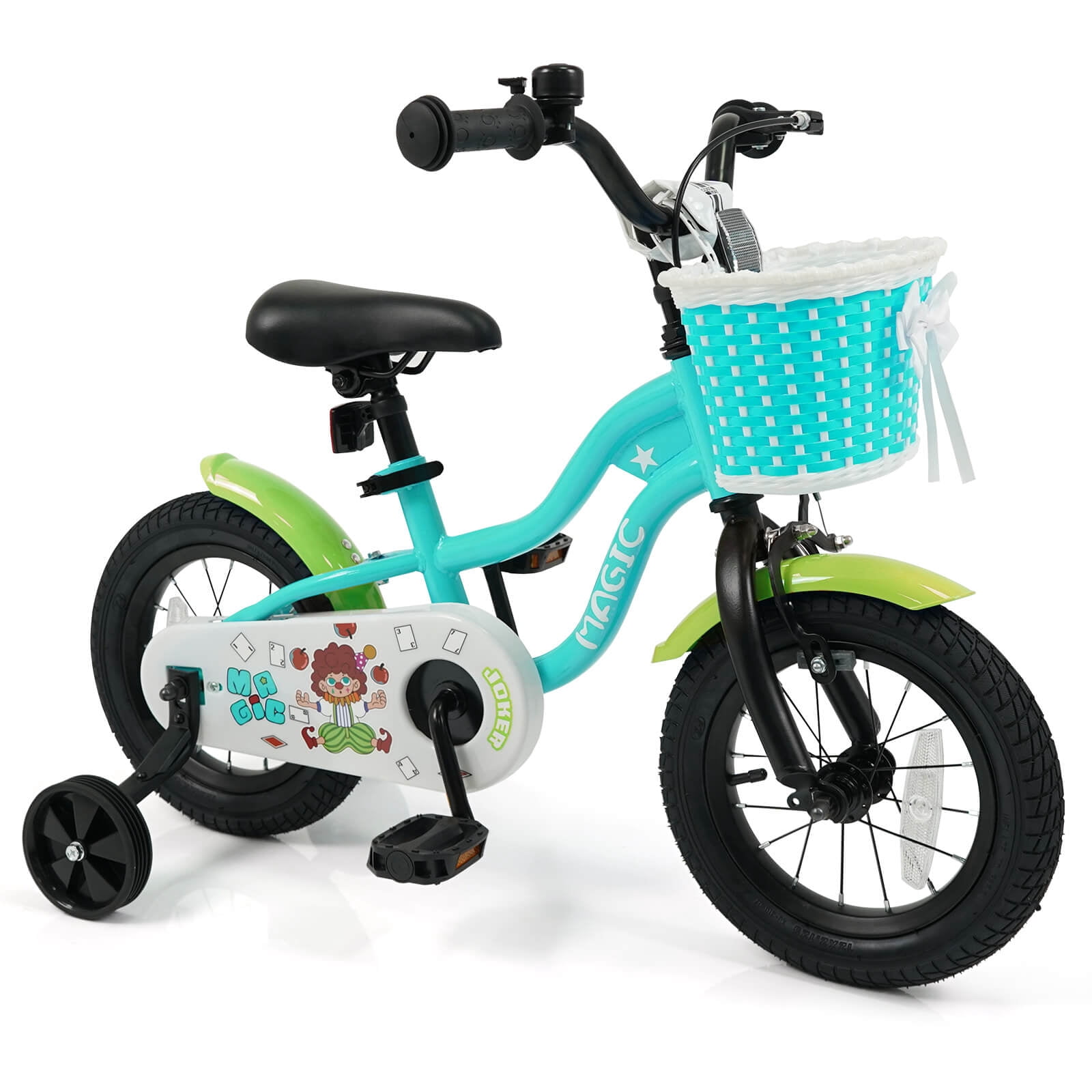 Costway 12" Kids Bike with Training Wheels, Basket, Hand & Coaster Brakes, Adjustable Seat Green