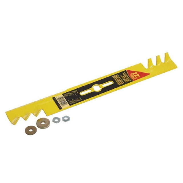MTD 22-inch Universal Lawn Mower Blade in yellow with jagged cutting edges, shown with universal adapters and washers on a white background, designed for heavy-duty mulching, bagging, and universal fit for most lawn mower brands.