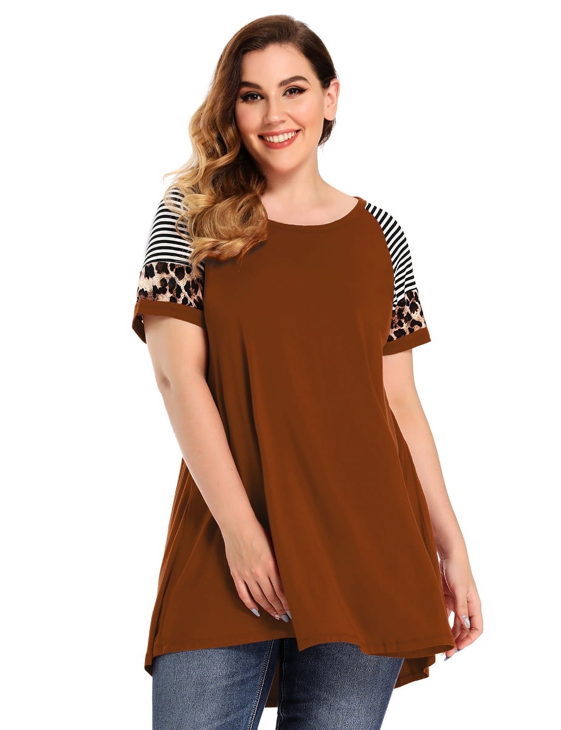 LARACE Hauts Décontractés pour Femmes Grande Taille Col Ras du Cou Manches Courtes Chemisier à Fleurs Tuniques Orange Foncé 3X