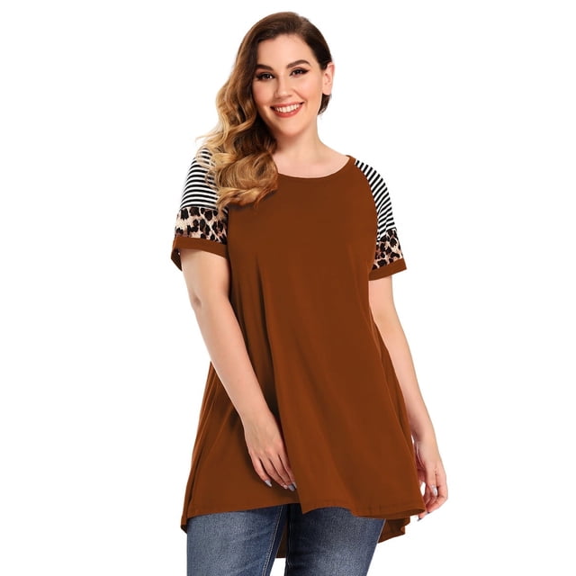 LARACE Hauts Décontractés pour Femmes Grande Taille Col Ras du Cou Manches Courtes Chemisier à Fleurs Tuniques Orange Foncé 3X