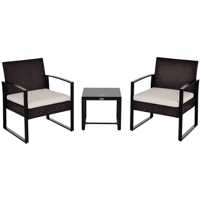 Ensemble de Café en Rotin pour Patio 3 Pcs Ensemble de Chaises et Table de Jardin Extérieur