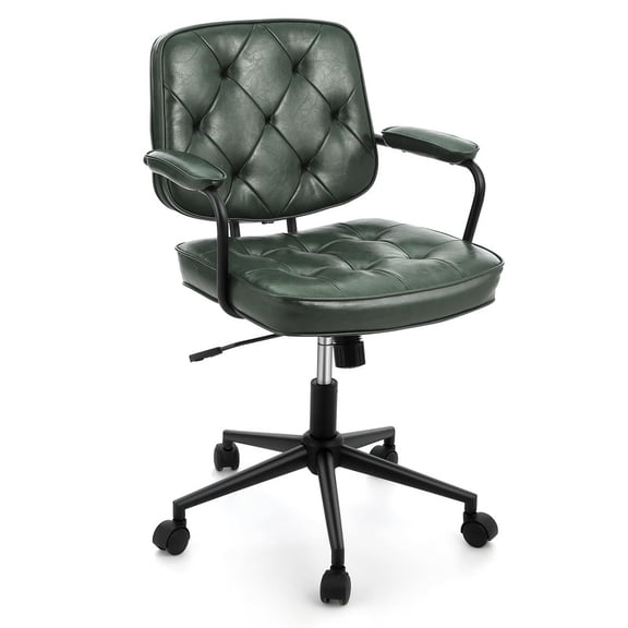 Office Chair Ergonomic Chair with Mid-Back Lumbar Support, Height Adjustable PU Leather Computer Chair with 360° Swivel and Rolling Wheels, Green