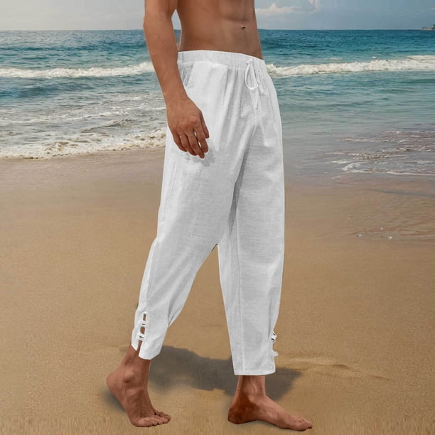Yusimy Men's Linen Pants Solid Color Relaxed Fit Drawstring Waist