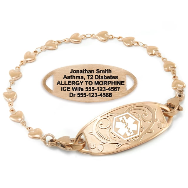 MedicEngraved Rose Gold Stainless Steel Custom Medical Alert Bracelet - 5mm Heart Link