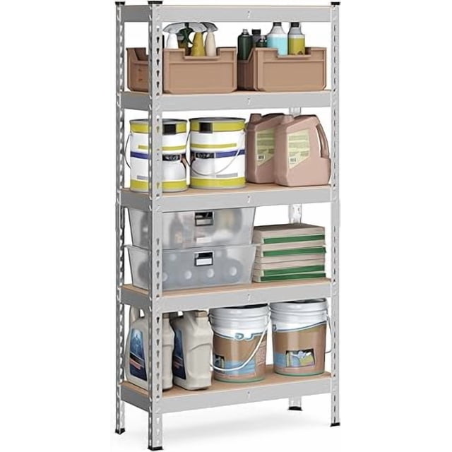 SONGMICS 5-Tier Storage Shelves, Load 875 kg, Garage Storage, Boltless Assembly, Adjustable Shelving Unit, for Study Shed Basement, Silver