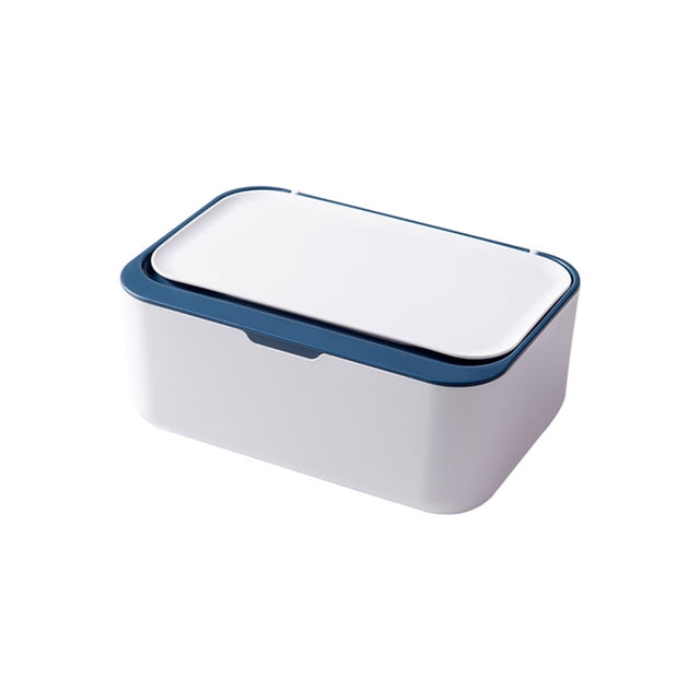DPTALR Baby Wipes Dispenser with a white body and blue lid, designed for storing and dispensing baby wipes. Features a sealing silicone gasket to keep wipes moist and clean, a large opening for easy access, and a removable top cover for refilling. The container measures 7.6x3x5.2 inches and can hold up to 80 wipes. Suitable for use in bathrooms, kitchens, or nurseries, with a Nordic-style design that complements various decor styles.