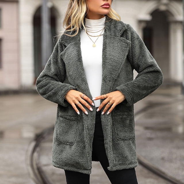 EGNMCR Veste à Manches Longues pour Femmes, Manteau Décontracté Sans Capuche à Manches Longues & Vestes pour Femmes à Revers en Molleton Double Face avec Poches, Hauts Récréatifs à Manches Longues pour Femmes Manteau