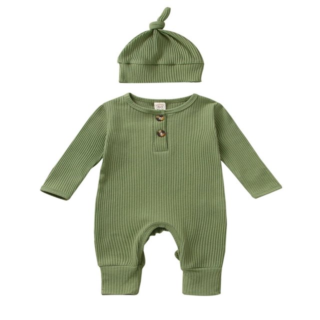 MesaSe Infant Baby Boys Jumpsuit and Hat Set Solid Knit Ribbed Long Sleeve Crew Neck Button Romper One-Piece Clothes