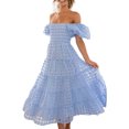 thumbnail image 3 of Faithtur Femmes Été Décontracté une Ligne Robe Courte Puff Manches sur l'Épaule Midi Plaid Robe, 3 of 7