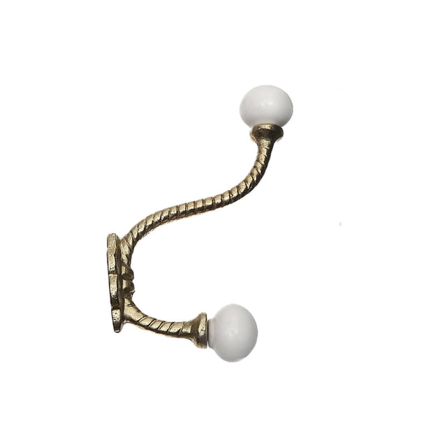 Iron Twist Hook With Ceramic Ivory Knob (Gold) - Set of 4, featuring a twisted gold metal frame with two ivory ceramic knobs for wall mounting, ideal for garage storage and utility organization, also suitable for hanging coats or bags.