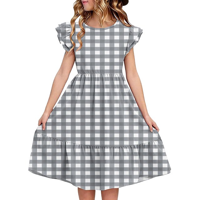 LOVZFMLL Dresses Kids Summer Double Layer Ruffle Sleeve Dress 5-14 Years