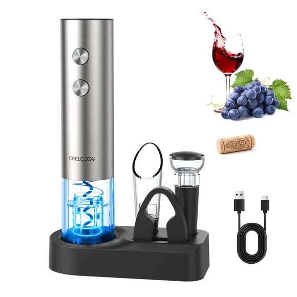 CIRCLE JOY Ensemble Ouvre-Bouteille Électrique 5-en-1, Tire-Bouchon à Vin Rechargeable en Acier Inoxydable avec Base de Rangement pour la Maison/cadeau Idéal