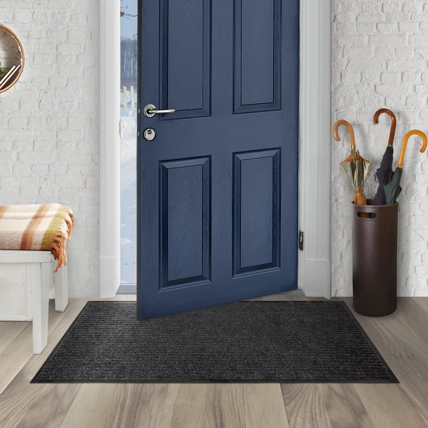 Mainstays Platinum Ribbed Heavy-Duty Indoor/Outdoor 2x4 Utility Runner, Vinyl Backing, Water-Resistant, Non-Slip, Black Onyx, Hallway, Mudroom, Garage