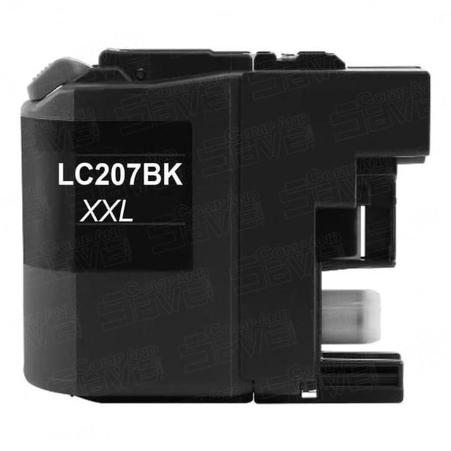 L-ink Compatible LC207 Black Ink Cartridge (LC-207) shown in a close-up side view with a black plastic body labeled LC207BK XXL, compatible with MFC-J4320DW printers, ISO-certified for quality, delivering 1200 pages at 5% coverage with sharp text and photo printing.