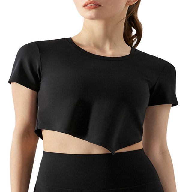 Hauts de Sport pour Femmes Crop Tops Manches Courtes Col Asymétrique Yoga Course T-Shirts
