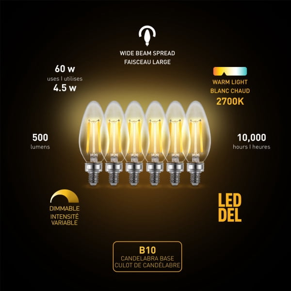Ampoule Edison B10 à DEL équivalant à 60 W à filament et à intensité réglable de 2 700 K, candélabre E12 (paquet de 6)