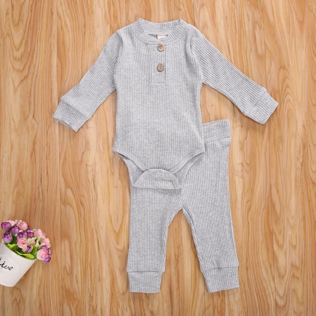 Combinaisons de Bébé en Tricot, Boutons Col Rond Haut à Manches Longues + Pantalon Long Élastique