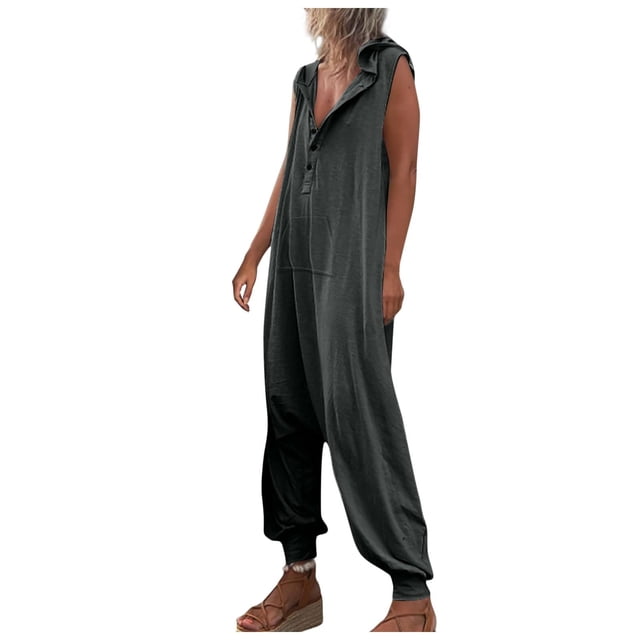 JMYHOAM Combinaisons pour Femmes, Mode Femme Été Unie Décontractée Sans Manches à Bretelles Combinaison Longue Combinaisons, Barboteuses et Salopettes pour Femmes, Gris Foncé L