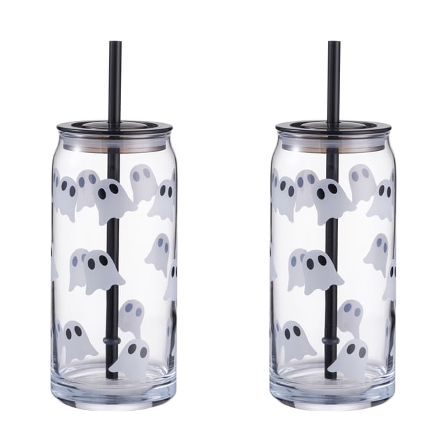 Way to Celebrate Halloween Gobelet Canette Fantôme 20oz, 2 Pcs, Gobelets en Verre Clair en Forme de Canette avec illustrations de Fantômes Blancs aux Yeux Noirs, Chacun avec Couvercle en Plastique Noir, Paille Transparente et Anneau en silicone, Conçu pour les Boissons Froides et l'Utilisation Lors de Fêtes d'Halloween.