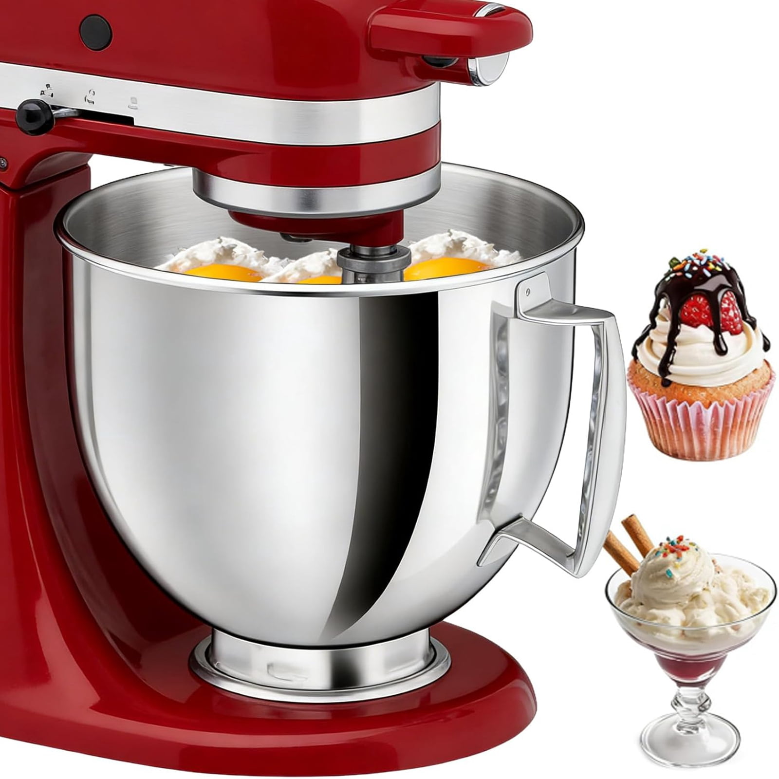 Djiypn Stainless Steel Mixer Bowl 4.75 Quart Tilt-Head Stand Mixers, Stainless Steel Bowl with Handle, Dishwasher Safe, Silver