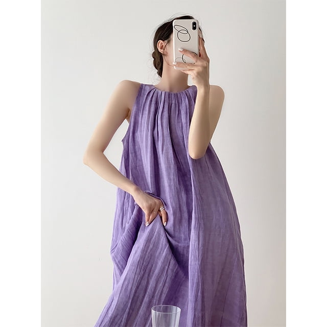 Une Robe en Lin pour Filles pour Femmes 2024 Nouvelle Mode Décontractée Sans Manches Unie Débardeur Robe d'Été Chic Vintage Plissée Ample Robe Maxi