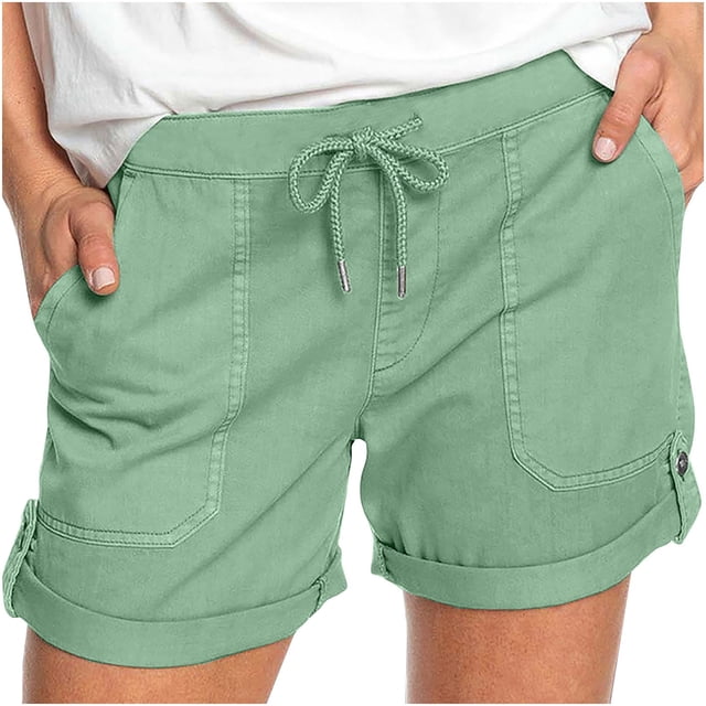 AherBiu Women's Drawstring High Waisted Button Roll Up Hem Hiking Shorts, Solid Color