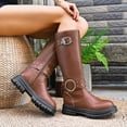 thumbnail image 4 of Fall Mid Calf Combat Boots for Women 2025 Buckles Studded Leather Platform Chunky Cowboy Riding Tall Boots, 4 of 7