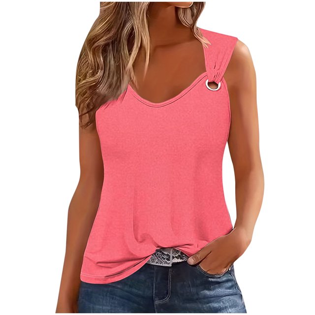 Yuyuzo Camisoles pour Femmes à Col en V Profond, Tunique Basique de Couleur Rose Vif, avec un design Ample et un Détail d'Anneau Stylé sur la Bretelle. Fabriquée en Tissu Doux et Respirant, Idéale pour un Usage Estival Décontracté Ou comme blouse d'Été pour Femme. Assortie à un Jean en denim pour un Style Décontracté.