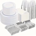thumbnail image 1 of AMERTEER 700 Silver Plastic Plates For One-time Use For 100 Guests - White Plastic Plates With Silver Decoration Include 100 Dinner Plates  100 Dessert Plates  300 Cutlery Sets  100 Cups, 1 of 5