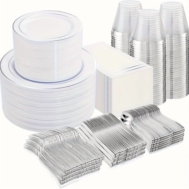 AMERTEER 700 Silver Plastic Plates For One-time Use For 100 Guests - White Plastic Plates With Silver Decoration Include 100 Dinner Plates 100 Dessert Plates 300 Cutlery Sets 100 Cups