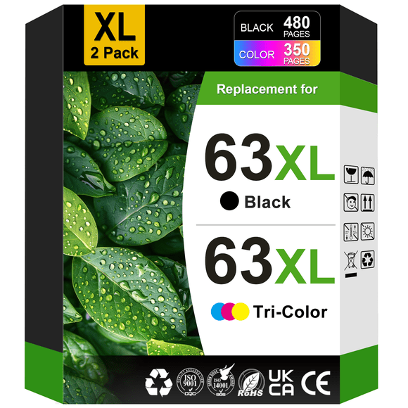 63XL Ink Cartridges Compatible for HP 63 Ink Cartridges for HP Ink 63 Black and Tri-Colour for Officejet 3830 4650 5255 5200 Envy 4520 4512 ( 2 Pack)