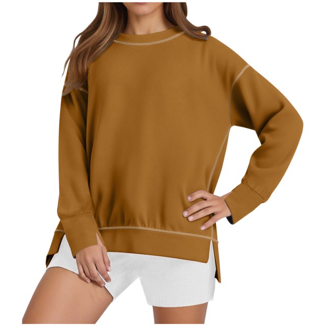 TACILIP Chandails à Col Rond pour Femmes, Hauts à Enfiler, Chemises à Manches Longues, Fente Latérale, Tenues Décontractées d'Hiver et d'Automne