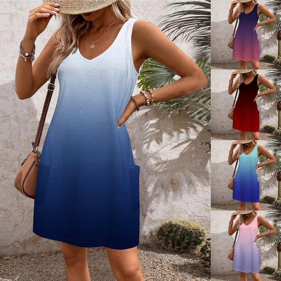 Sentmoon Bohemian Dress Comfy Sleeveless V Neck Shirt Dresses for Women Summer Gradient Color with Pockets Regular Fit Sun Dresses for Women 2026 for Going Out and Party Red XXL