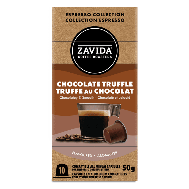 Zavida Chocolate Truffle Espresso capsules (10) package with espresso collection branding, showing a glass of smooth espresso, coffee beans, and a brown aluminum capsule compatible with Nespresso Original system, 50g total weight, suitable for espresso, lungo, or iced coffee brewing.