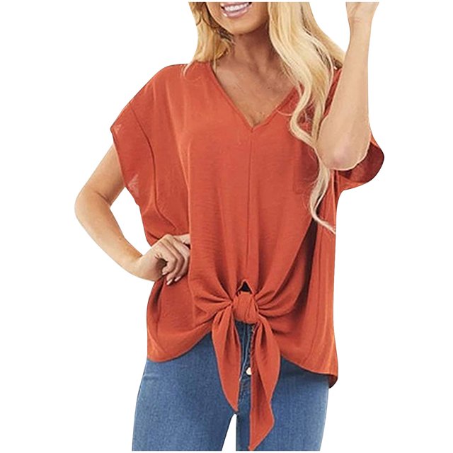 Pompotops T-Shirt Ample à Manches Courtes Col en V Uni pour Femmes avec Poche
