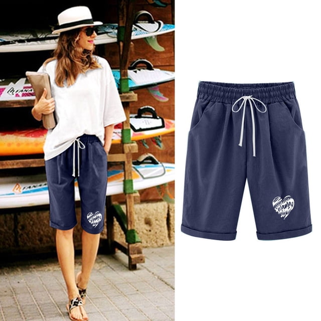Shorts for Women, Women Elastic Waist Love Printed Drawstring Shorts