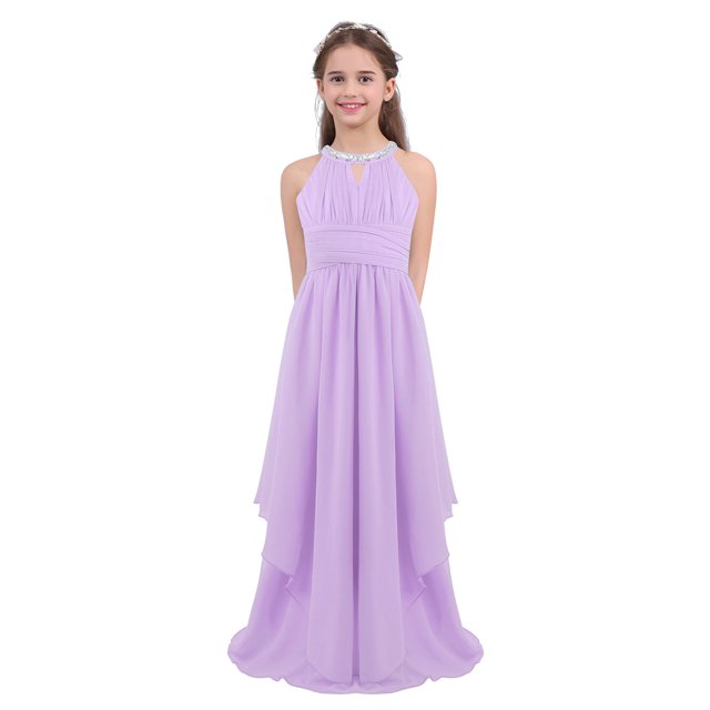 Miaeowve Robe de Fête Maxi en Chiffon à Paillettes pour Filles, Col Haut, Froncée, Robe de Bal de Mariage, Lavande 8