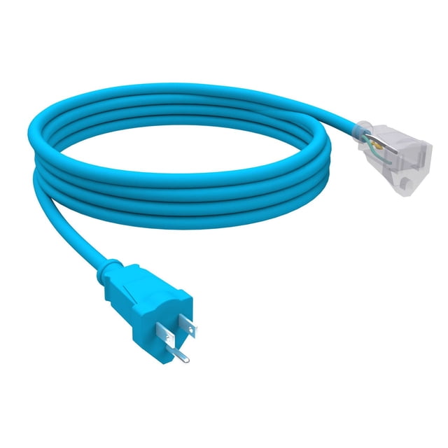 Stanley Polarmax 8' 16/3" outdoor extension cord coiled with blue flexible insulation, featuring a grounded three-prong plug and a single grounded outlet with visible wiring, designed for reliable power in extreme temperatures.