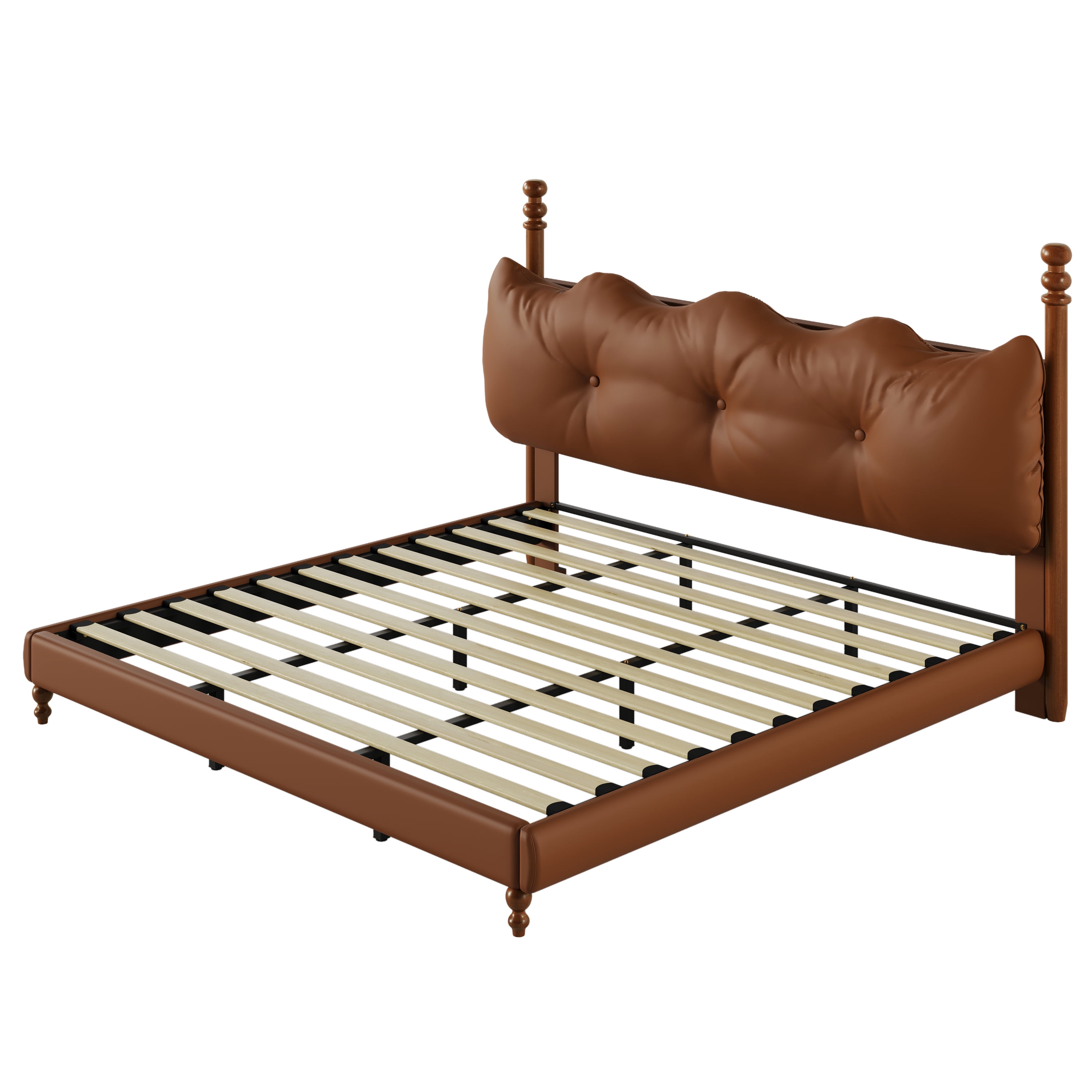 Noble House Lit Plateforme Grand Rembourré avec Tête de Lit, Cadre de Lit en Cuir PU avec Poteaux en Bois, Brun