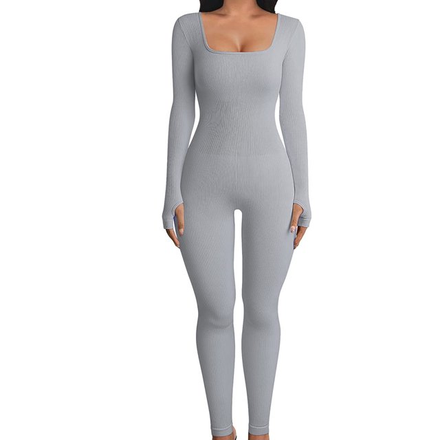 Fortune Women Bodysuits Ribbed Knit Bodycon Jumpsuits Long Sleeve One Piece Romper in a solid light grey color. This one-piece outfit features a square neckline, long sleeves, and a form-fitting design made of polyester with a ribbed texture. Suitable for casual outings, parties, or daily wear during spring and autumn. Available in sizes S, M, L, and XL.