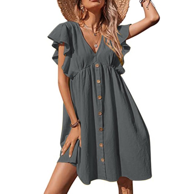 Bellella Robe Mini pour Femmes, Volants, Robes Courtes, Col en V, Robe d'Été, Décontractée, Manches, Femmes, Gris, 2TG