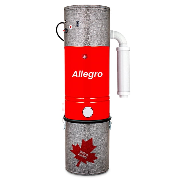 Allegro MUA50 Champion 6,000 Square Foot Home Central Vacuum System Super Quiet Power Unit. This red and metallic grey central vacuum system features all-steel construction and is designed for homes up to 6,000 square feet. It includes a 5-gallon collection capacity, a self-cleaning microfibre filter, and operates at a noise level of 69 dB(a). Powered by a 5.7-inch 2-stage bypass motor, it delivers 600 air watts of power, 141-inch water lift suction, and 124 CFM airflow. The unit is equipped with a tangential discharge for external air exhaust and a utility port. Manufactured in Canada, it features a lifetime warranty against corrosion perforation and a 5-year motor warranty.