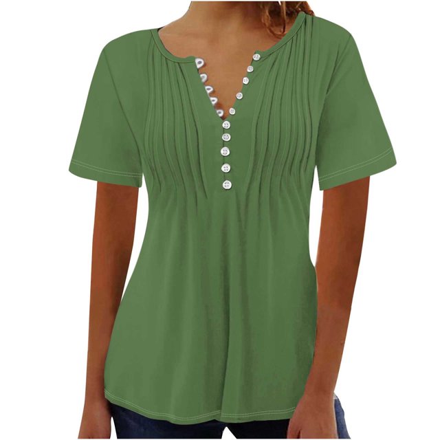 AherBiu Womens Tops Summer Button Round Neck Solid Color Ruched Dressy Casual Loose Tunics Tshirts