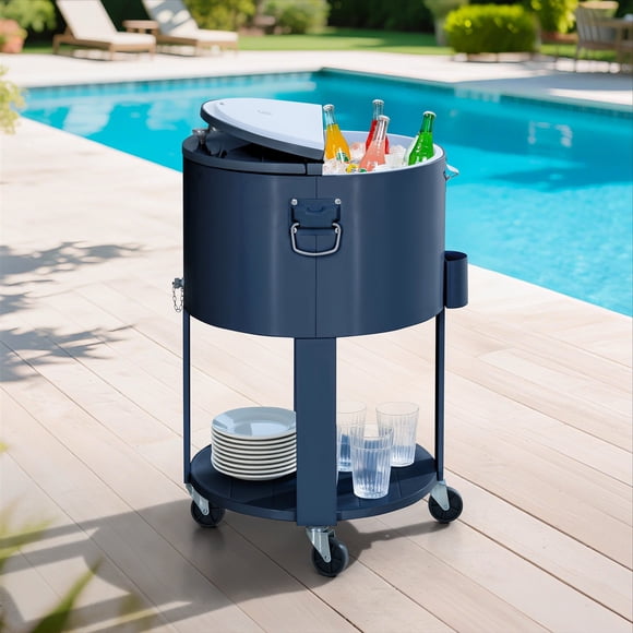 Sunjoy Outdoor Cooler Cart,60 Quart Rooling Ice Chest Cooler Cart, Portable Patio Party Bar Drink Cooler Cart, Beverage Bar with Bottle Opener and Shelf, Blue