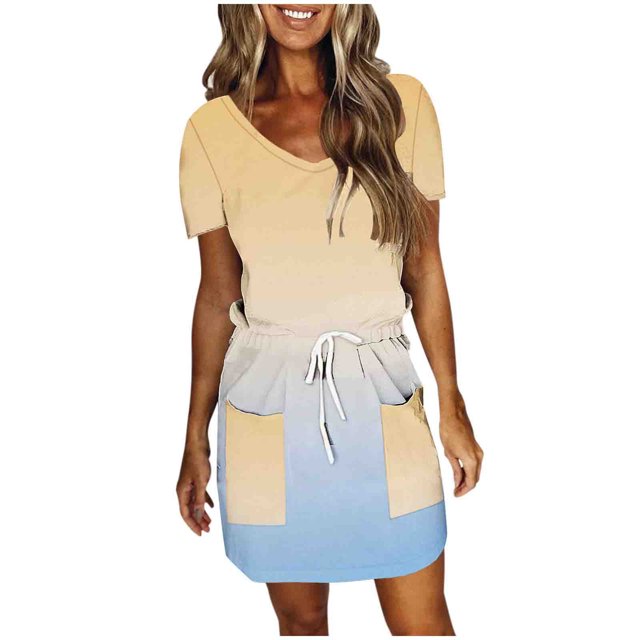 Birdeem Robes pour Femmes Mode Féminine Couleur Unie Manches Courtes Col en V Mi-Mollet Robe