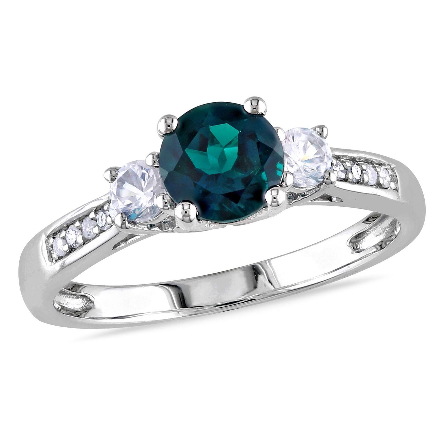 Bague à trois pierres Tangelo avec accents de diamants, saphirs blancs synthétiques et émeraude synthétique 1,13 ct PBT en or blanc 10 k