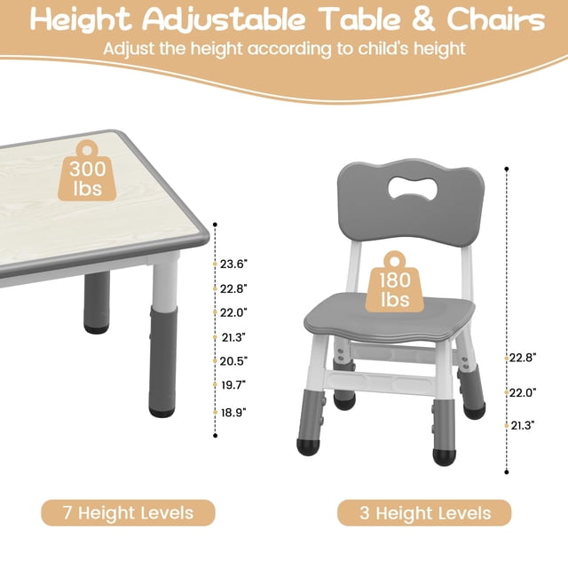 GloryStar Height Adjustable Kids Table and 6 Chairs Set - Graffiti Desktop, Easy-to-Clean Arts & Crafts Table with Non-Slip Legs, Detachable Storage Box for Daycare, Classroom, and Home