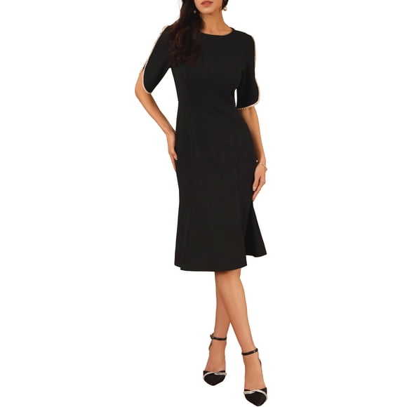 INSPIRE CHIC Women's Cocktail Dress Mermaid Beaded Sleeves Wedding Guest Formal Bodycon Midi Dresses S Black