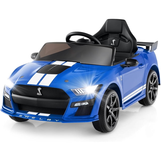 Licensed Ford Mustang GT500 Ride on Car for Kids by OLAKIDS in a vibrant blue color with white racing stripes. This battery-powered electric vehicle features LED headlights, a sleek rear wing, and a detailed grille for a realistic design. Equipped with a 12V battery, it offers two adjustable speeds (1.7-2.3 mph) and dual driving modes: manual operation for kids and remote control for parents. The car includes a seat belt, soft start function, and wear-resistant wheels for safety and stability on various surfaces. Additional features include a USB port, music, radio, and a battery indicator for entertainment and convenience. Suitable for children aged 3-8 years, with a weight capacity of 66 lbs. Dimensions: 41” x 25” x 20”.
